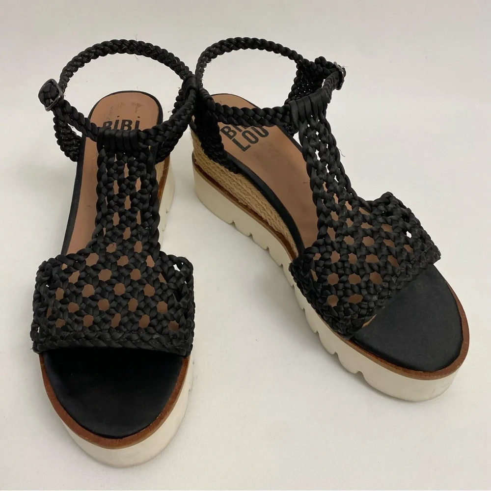 BIBI LOU Platform Sandals 7 - 7.5 / 38 Black Woven Ankle Strap Open Toe Wedge - Picture 3 of 16